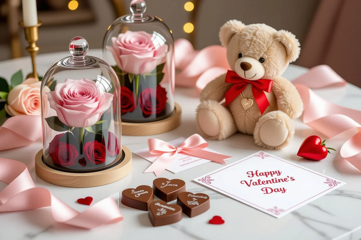 Romantic Valentine's Day gifts collection with preserved flowers teddy bear and jewelry