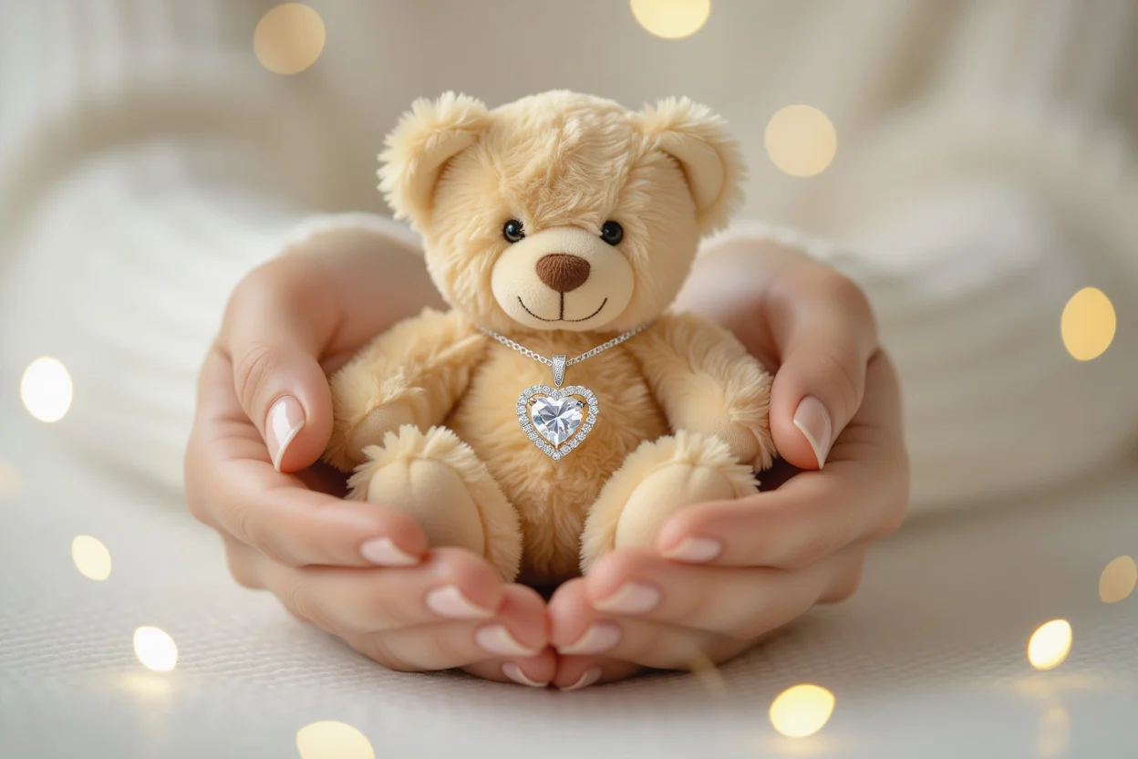 Hands revealing hidden heart necklace inside romantic teddy bear surprise gift