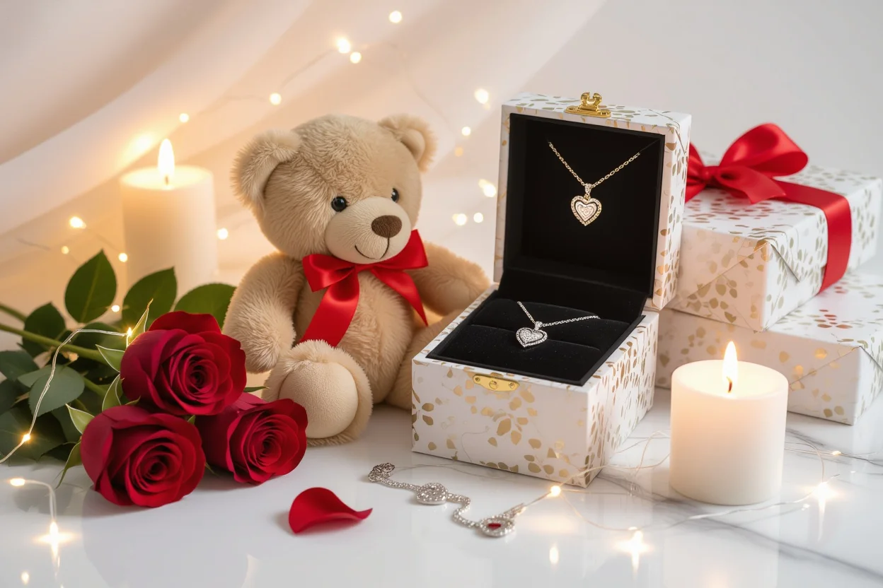 Romantic gift setup teddy bear hidden necklace roses candlelight