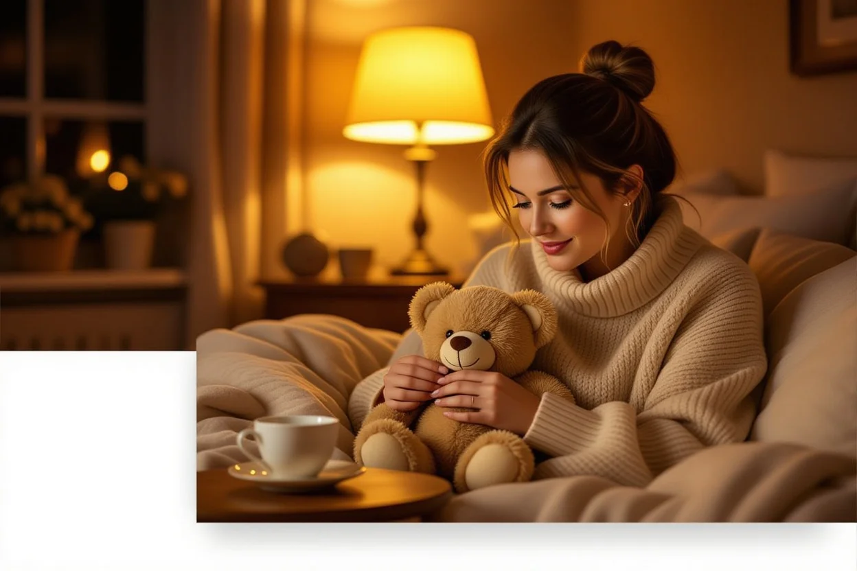 Woman discovering romantic teddy bear surprise gift in cozy evening setting