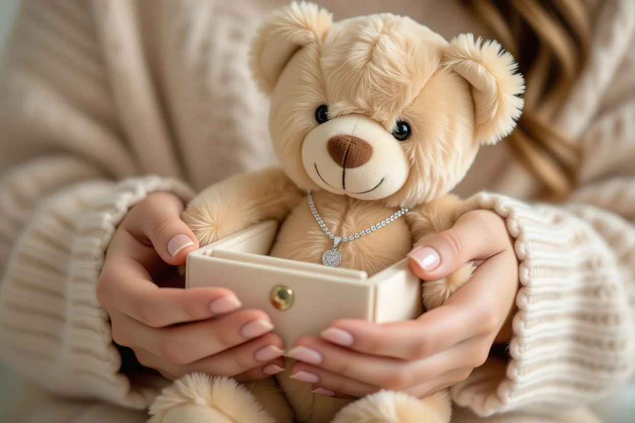 Hands revealing hidden necklace inside romantic teddy bear gift surprise