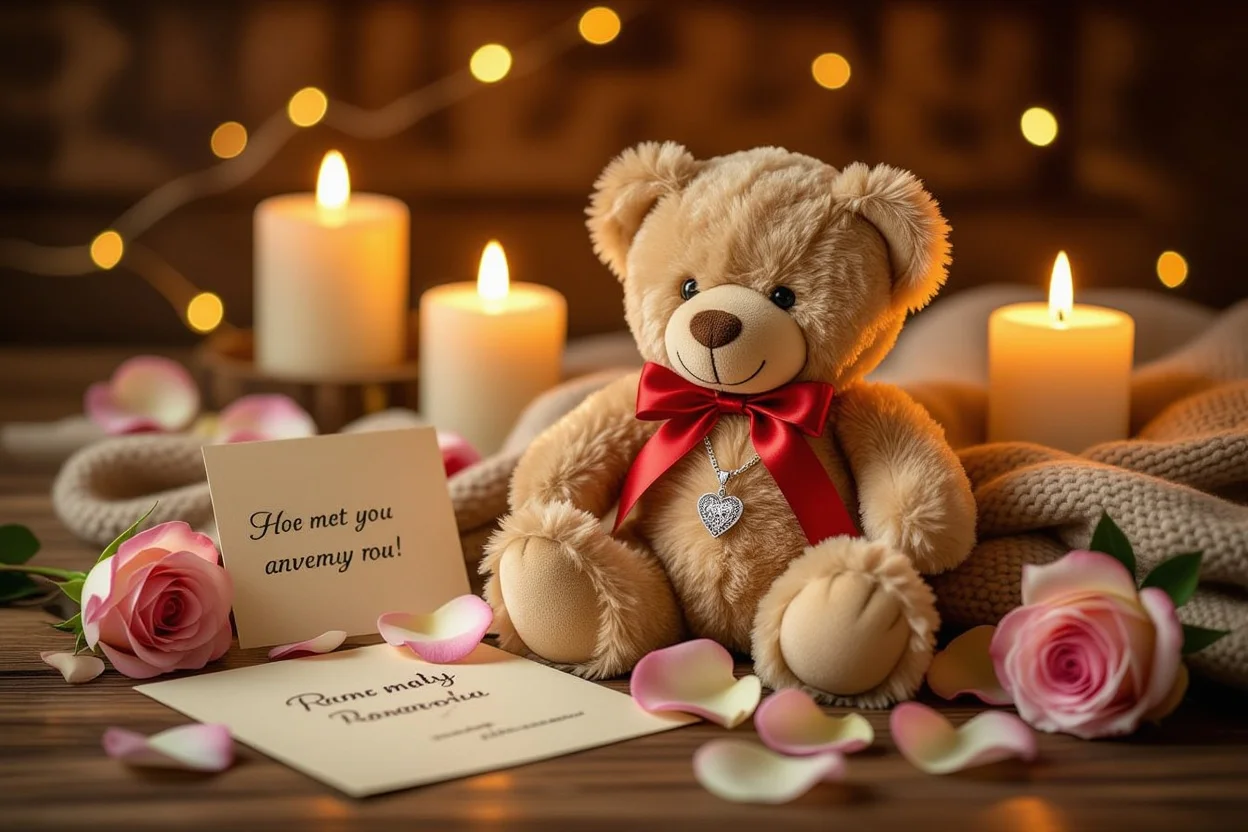 Romantic gift arrangement with teddy bear necklace surprise and rose petals