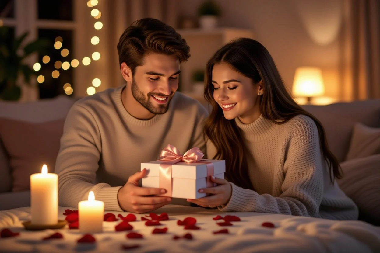 Couple exchanging romantic gifts in intimate candlelit setting