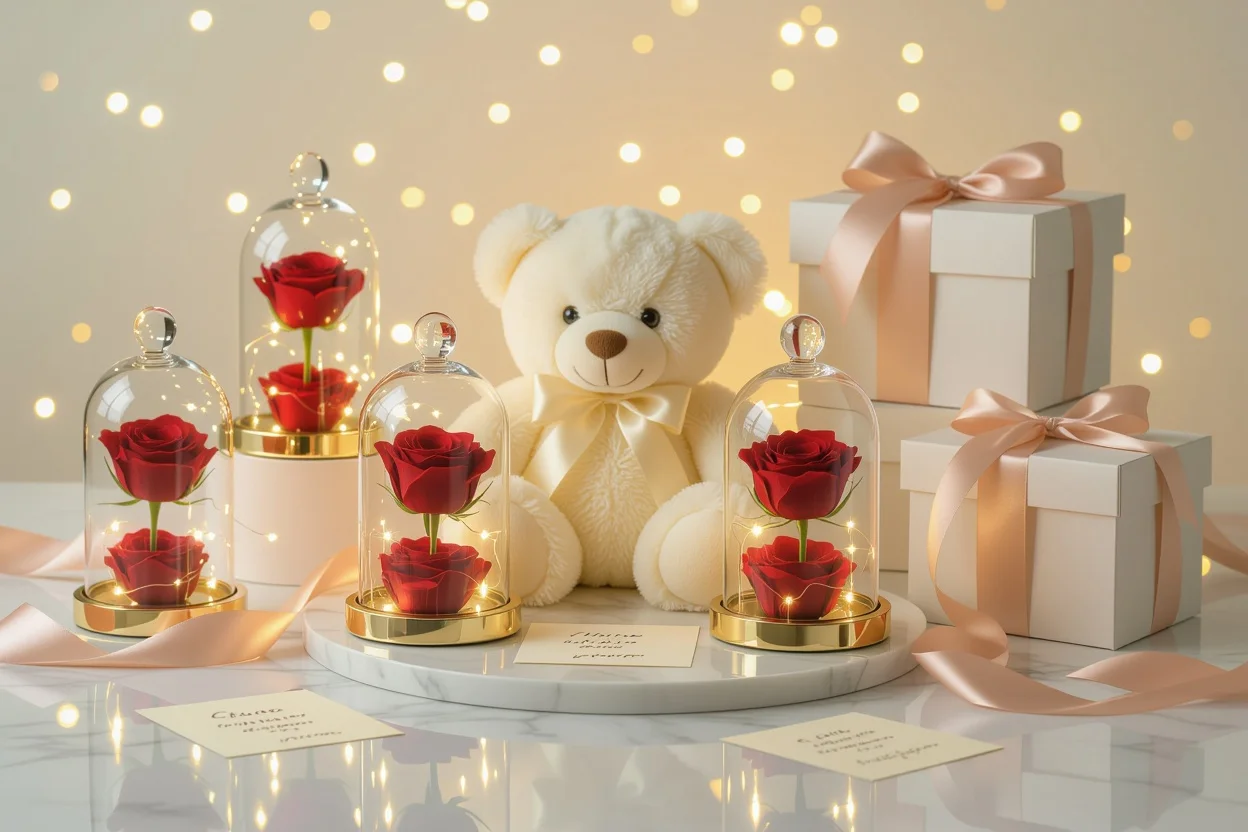 Luxury romantic gift set with teddy bear and preserved roses