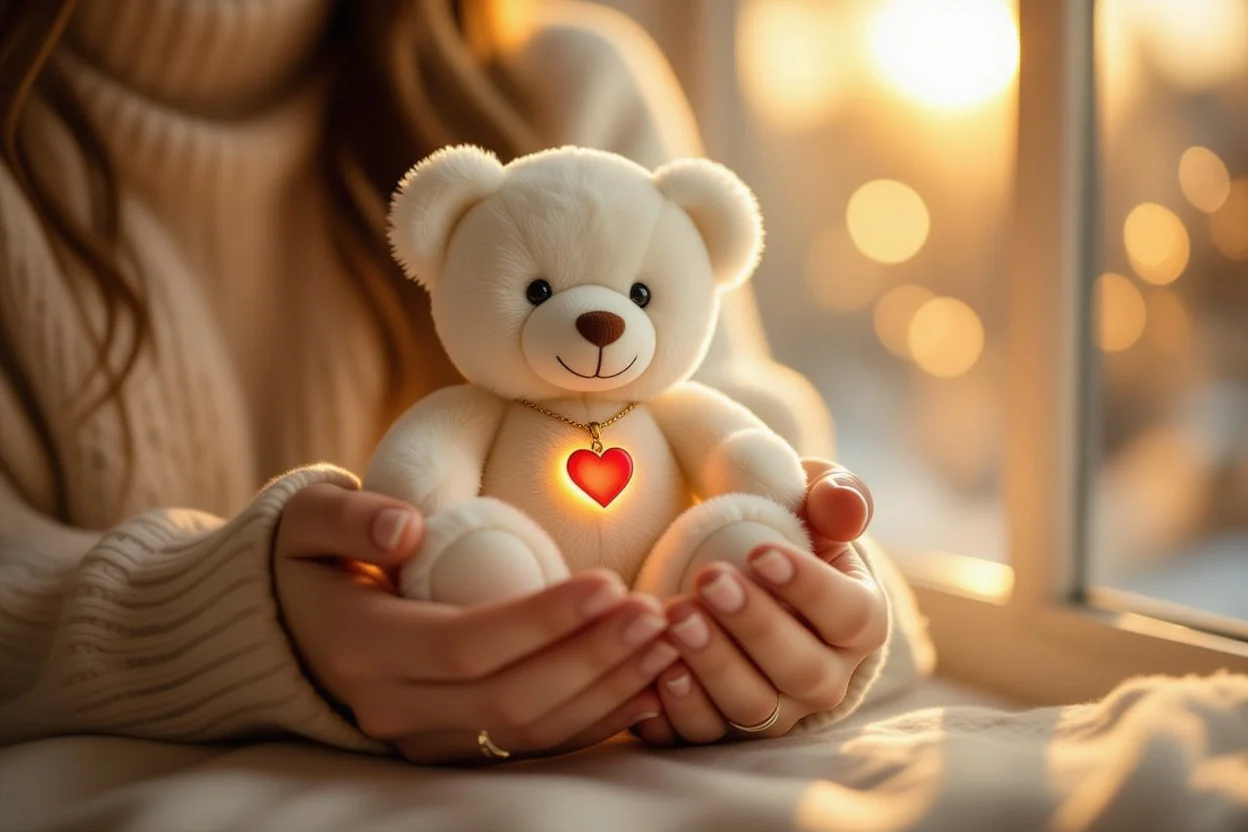 Hands holding romantic message teddy bear gift with heart pendant